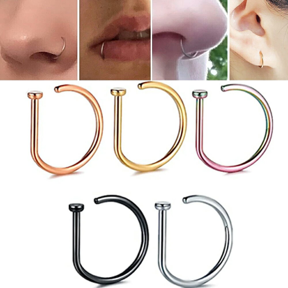 [20G ステンレス] D型オープンノーズリング 1個販売 ボディーピアス 20ゲージ メンズ レディース 鼻ピアス リップフープ 口ピアス 耳 軟骨 ヘリックス トラガス 金色 ゴールド 銀色 シルバー 黒色 虹色 レインボー ピンクゴールド マルチカラーブラック ディー型