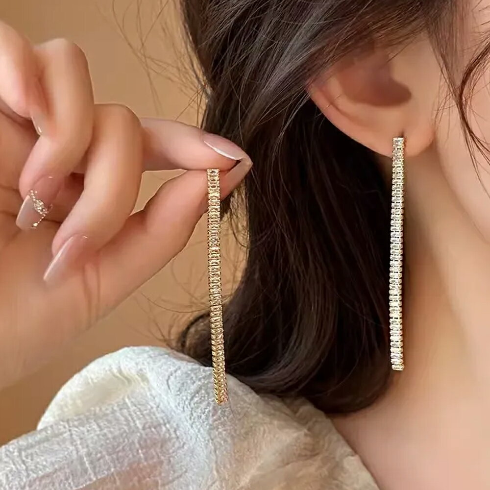 롱 큐빅 지르코니아 탓셀 귀걸이 / 1 쌍 판매 20G 20 게이지 파티 쥬얼 스톤 여성 롱 귀걸이 긴 패션 귀걸이 스터드 귀걸이 캐치 귀걸이 실버 골드 황금 은색 돌 사각형 스퀘어 결혼식 파티