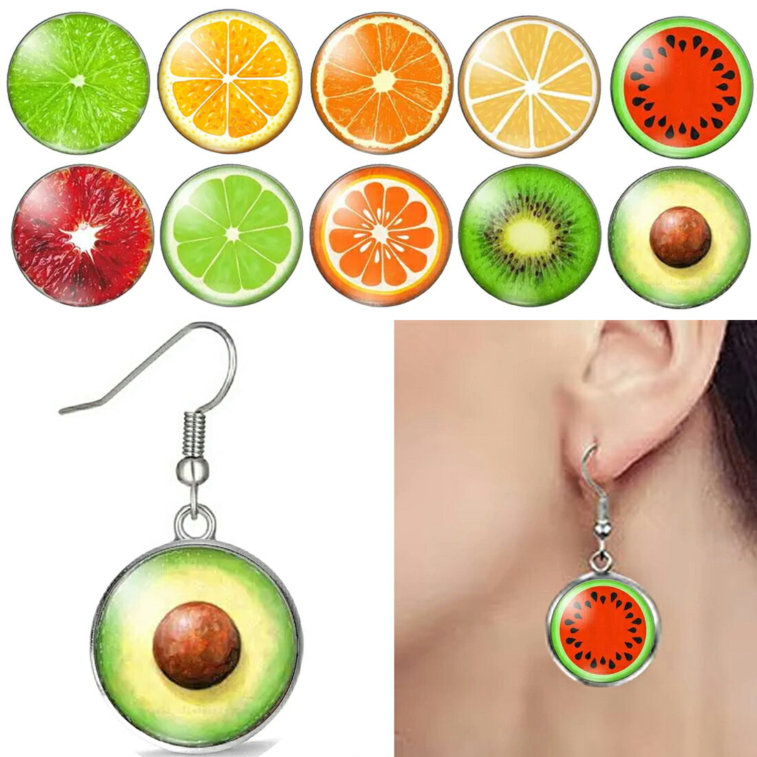 '[패션 귀걸이 20G] 과일 스테인레스 귀걸이 1 개 판매 편귀 서지컬 스테인레스 316L 20 게이지 맨즈 레이디스 선물 둥근 은색 실버 후크 귀걸이 과일 아보카도 오렌지 수박 라임 키우 귤 미칸