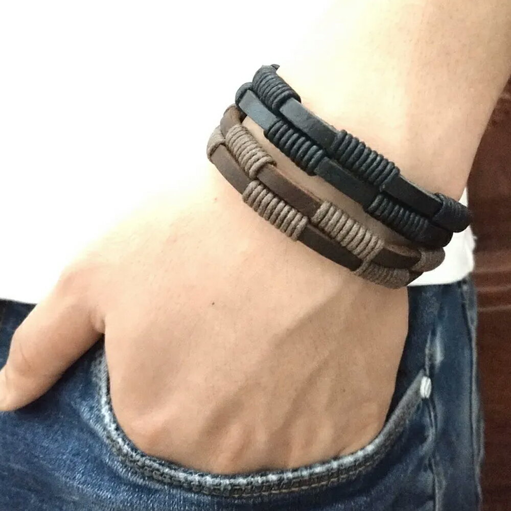 Rakuten - 2連風 編み込みレザーブレスレット 1個販売 黒色の革 皮ブラック 茶色 ブラウン 手首 重ね付け 革紐 皮ひも メンズ レディース 彼氏 父の日 プレゼント ギフト 男性 ラップブレスレット