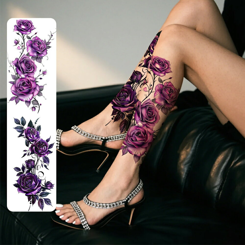 Rakuten - 大きめフェイクタトゥーステッカー 2枚入り 2シート 紫色 パープル ローズ 花 薔薇 ばら バラ フラワー タトゥシール メンズ レディース 仮装 変装 入れ墨 小道具 衣装 映画 ドラマ テレビ 撮影 コスプレ 大きい 胸 肩 背中 お腹 太腿 足首 腰 太もも 黒色 刺青 偽物