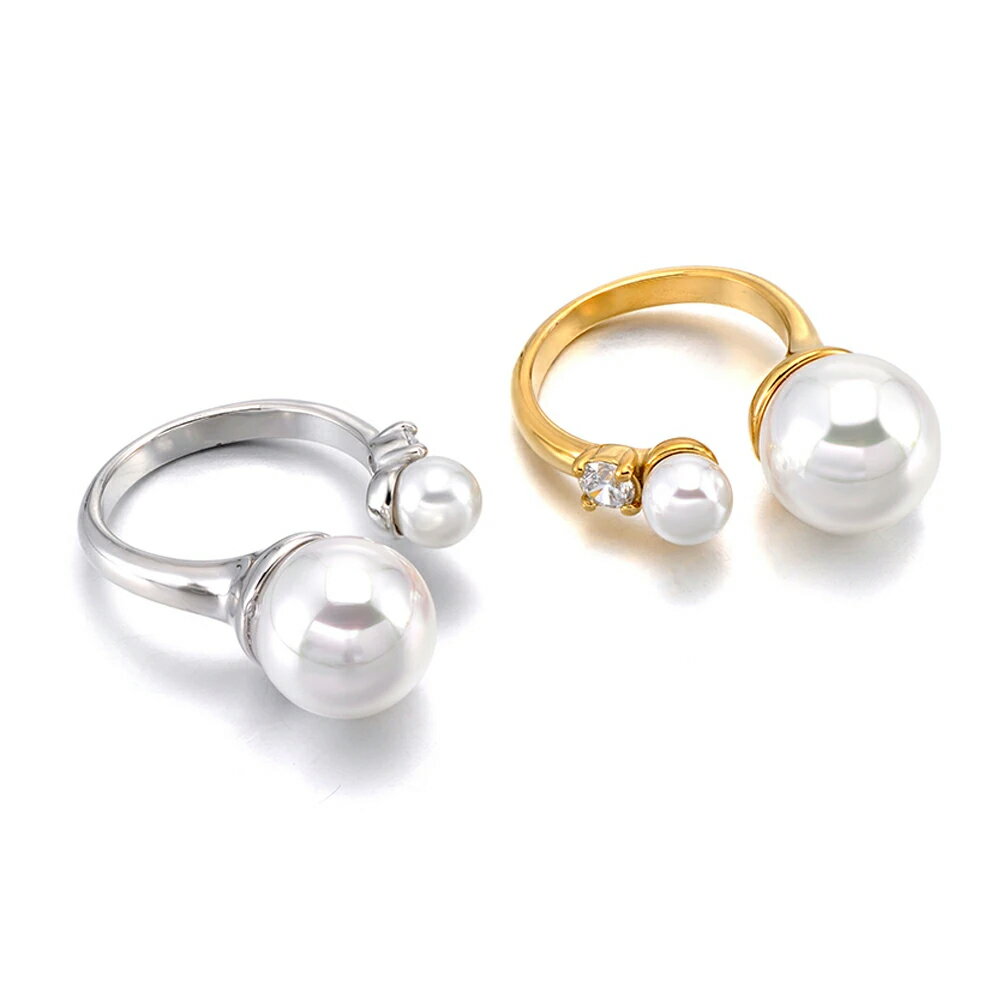 ダブルパールジュエル ステンレスリング（RAD022） サイズ/17号 フリーサイズ 真珠 キュービックジルコニア ストーン 石付き ファランジリング 指先の指輪にも サージカルステンレス316L メンズ レディース ペアリング プレゼント ギフト 結婚 婚約 シルバー ゴールド