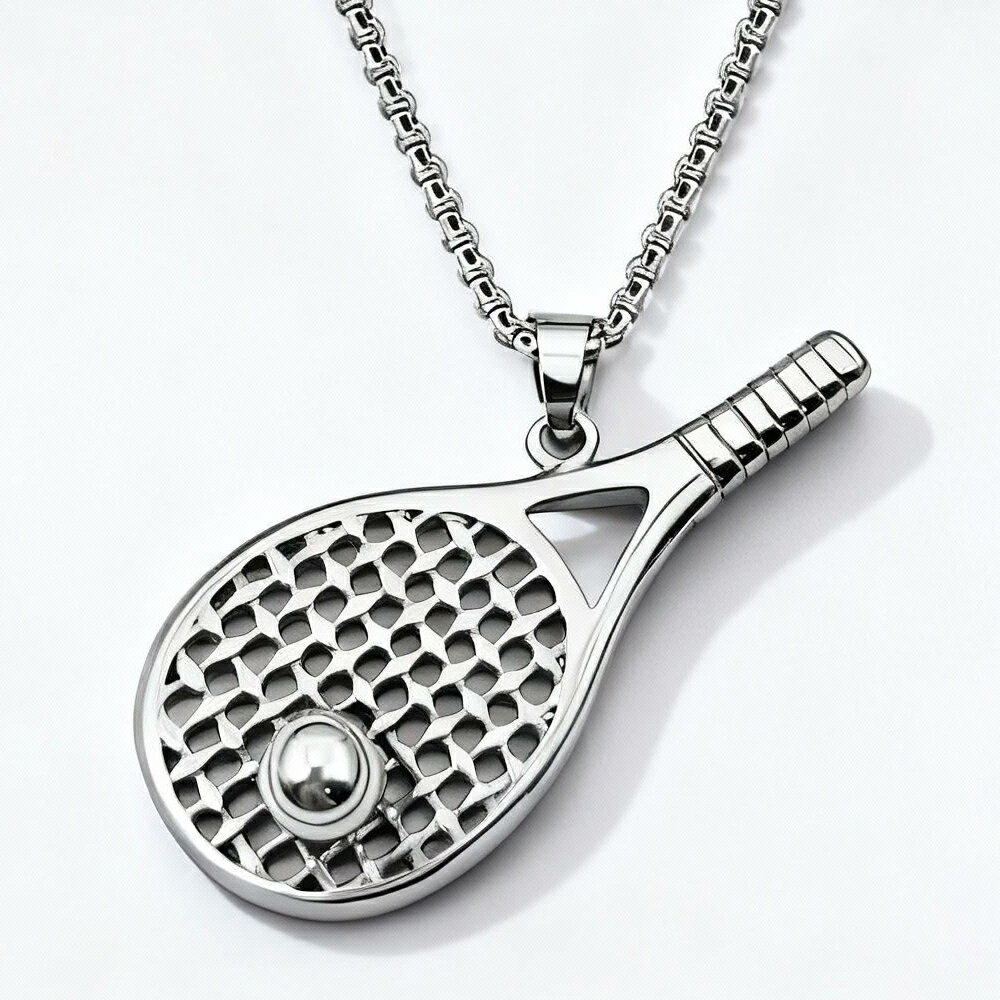 テニスボールとラケットネックレス(60cmのステンレスチェーン付き) サージカルステンレス316L ペンダン..