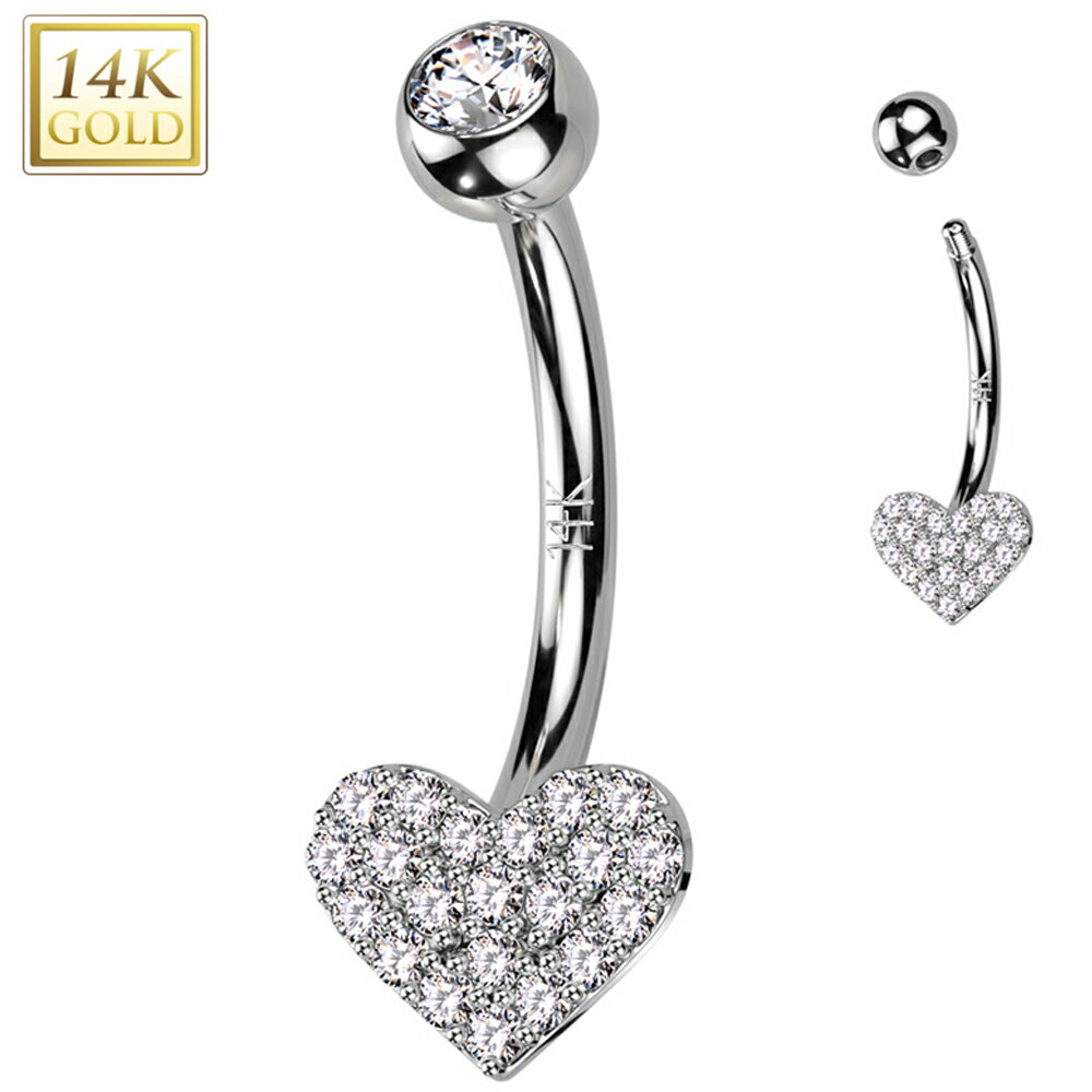 Other - [14K 刻印あり K14 ホワイトゴールド ボディピアス] 14金 パベクリスタルハート へそピアス 1個販売 キラキラ パヴェ ジュエル ストーン 石付き キュービックジルコニア 14G 14ゲージ ヘソピアス 臍ピアス レディース プレゼント 女性 母の日 ママ 高級 大人カワイイ 白金