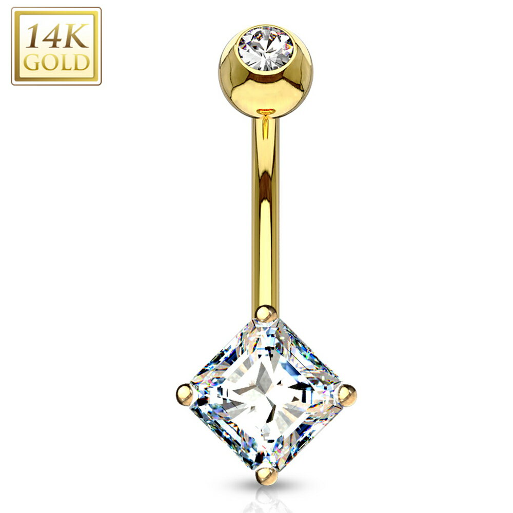 [14K 刻印あり K14 イエローゴールド ボディピアス] 14金 スクエアクリスタル へそピアス 1個販売 キラキラ ジュエル ストーン 石付き キュービックジルコニア 14G 14ゲージ ヘソピアス 臍ピアス レディース プレゼント 女性 母の日 ママ シンプル 四角形