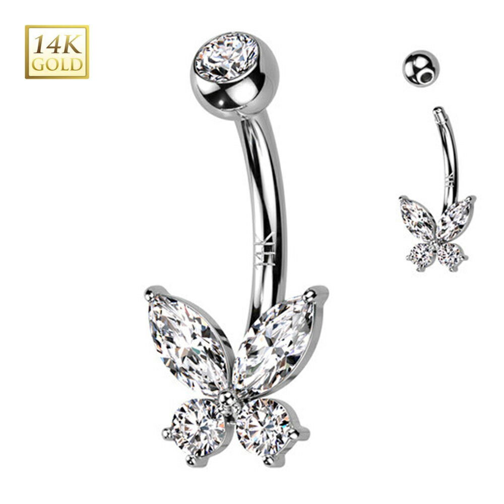 [14K 刻印あり K14 ホワイトゴールド ボディピアス] 14金 クリスタルバタフライ へそピアス 1個販売 キラキラ 蝶 チョウ ジュエル ストーン 石付き キュービックジルコニア 14G 14ゲージ ヘソピアス 臍ピアス レディース プレゼント 女性 母の日 ママ 高級 大人カワイイ 白金
