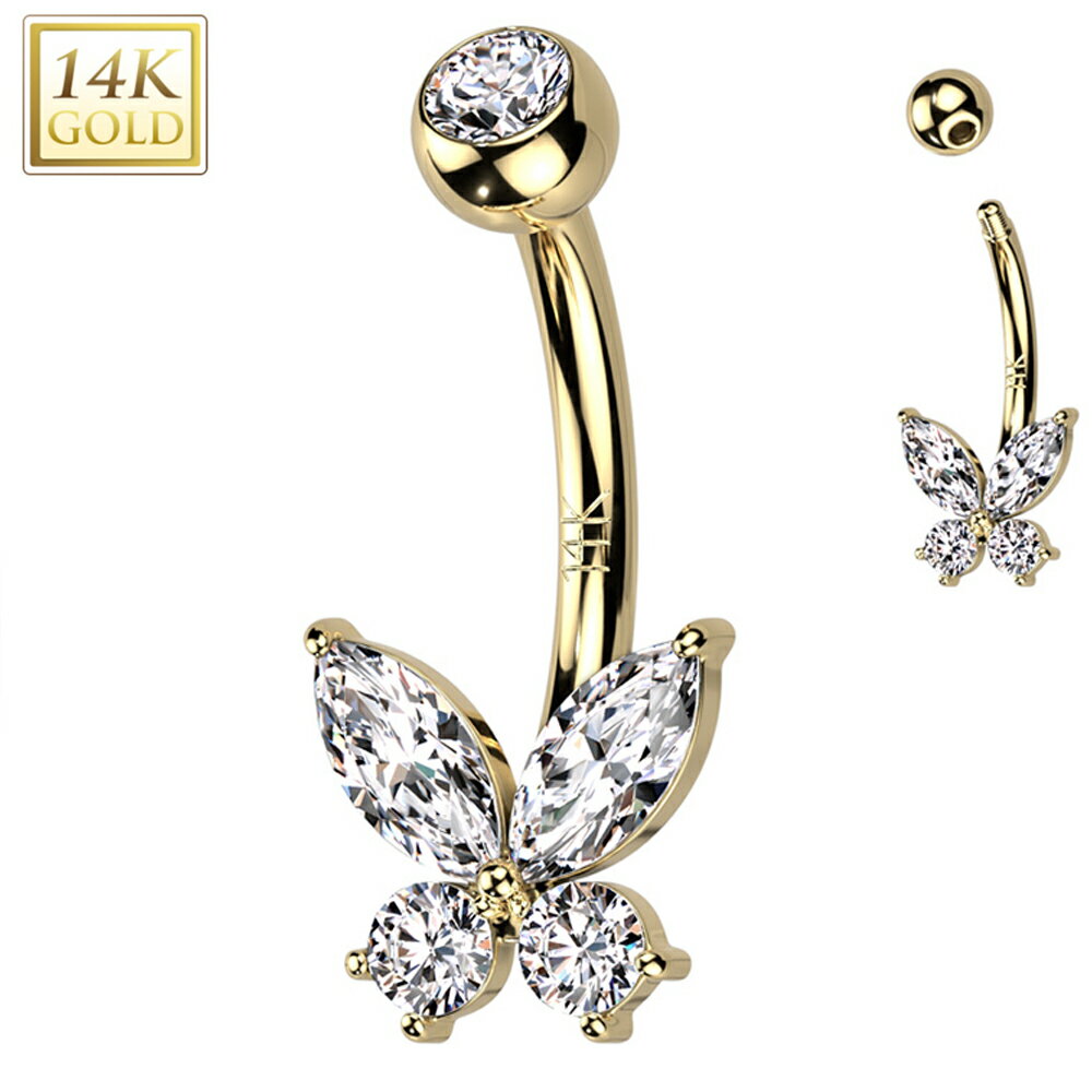 [14K 刻印あり K14 イエローゴールド ボディピアス] 14金 クリスタルバタフライ へそピアス 1個販売 キラキラ 蝶 チョウ ジュエル ストーン 石付き キュービックジルコニア 14G 14ゲージ ヘソピアス 臍ピアス レディース プレゼント 女性 母の日 ママ 高級 大人カワイイ