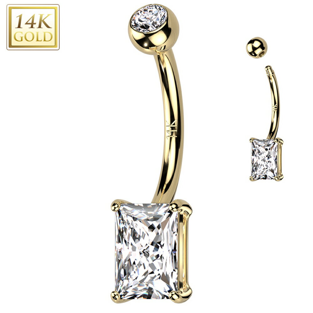 [14K 刻印あり K14 イエローゴールド ボディピアス] 14金 プリンセスカットクリスタル へそピアス 1個販売 キラキラ ジュエル ストーン 石付き キュービックジルコニア 14G 14ゲージ ヘソピアス 臍ピアス レディース プレゼント 女性 母の日 ママ 四角形 スクエア 長方形
