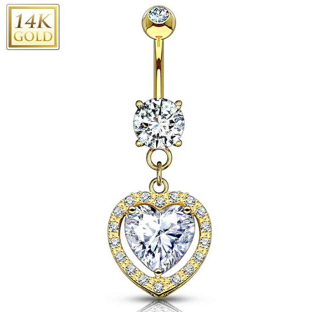 [14K 刻印あり K14 イエローゴールド ボディピアス] 14金 ビッグハートチャームクリスタル へそピアス 1個販売 キラキラ ジュエル ストーン 石付き キュービックジルコニア 14G 14ゲージ ヘソピアス 臍ピアス レディース プレゼント 女性 母の日 ママ 四角形 スクエア 長方形