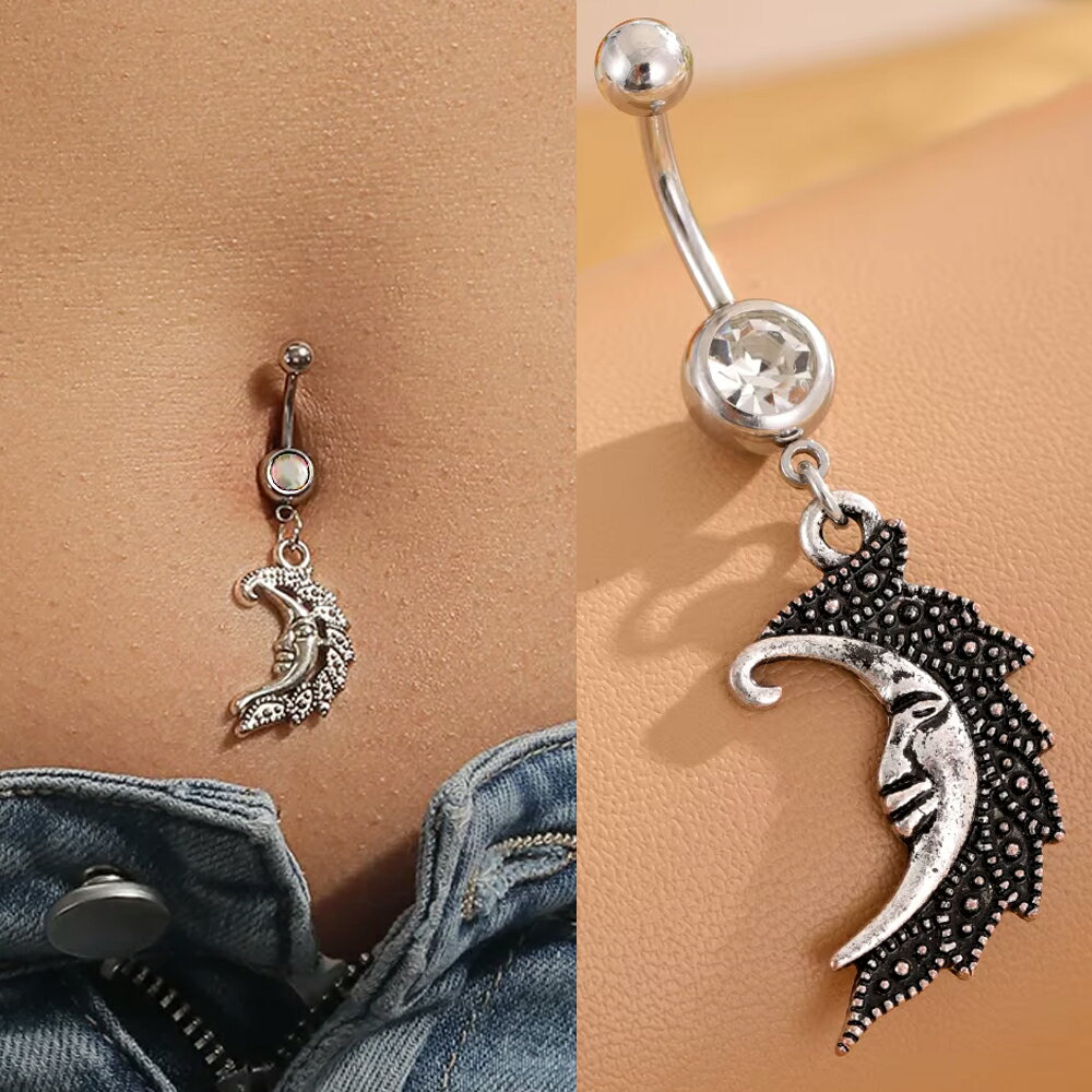 [14G おへそのピアス] ブラックムーン へそピアス 14ゲージ ボディピアス ボディーピアス ヘソピアス 臍ピアス メンズ レディース カーブバーベル サージカルステンレス316L ネイブル ラインストーン ジルコニア クリスタル 月 ムーン 三日月