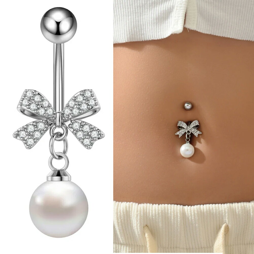 ビッグパールリボン へそピアス 14ゲージ 14G ヘソピアス 臍ピアス クリスタル りぼん 真珠 大きい ラッピング メンズ レディース ボディピアス ボディーピアス サージカルステンレス316L バナナバーベル カーブバーベル ネイブル ネイベル プレゼント 14ga 可愛い キラキラ