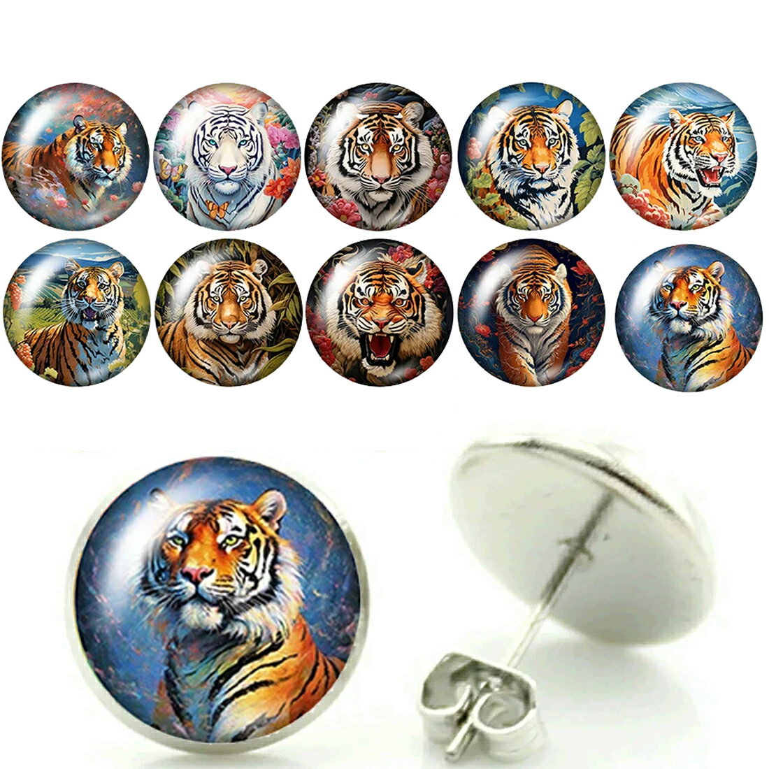 14mm 카보숑 스테인리스 피어스 (타이거) 1 페어 양귀 화이트 타이거 호랑이 연간 조디악 동물 동물 원형 둥근 카보숑 20 G 20 게이지 20 g 스터드 피어스 캐치 피어스 맨즈 레이디스 선물 제 3 선물