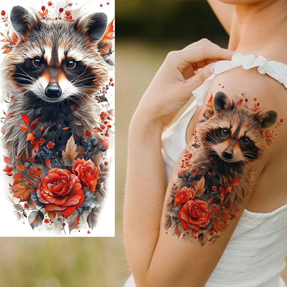 フェイクタトゥーステッカー 1シート レッサーパンダ アライグマ 薔薇 花 ローズ フラワー 狸 たぬき タトゥシール メンズ レディース 仮装 入れ墨 小道具 撮影 コスプレ 大きい 腕 胸 肩 背中 お腹 太腿 足首 腰 太もも 刺青 偽物 彼女 彼氏 お揃い モデル
