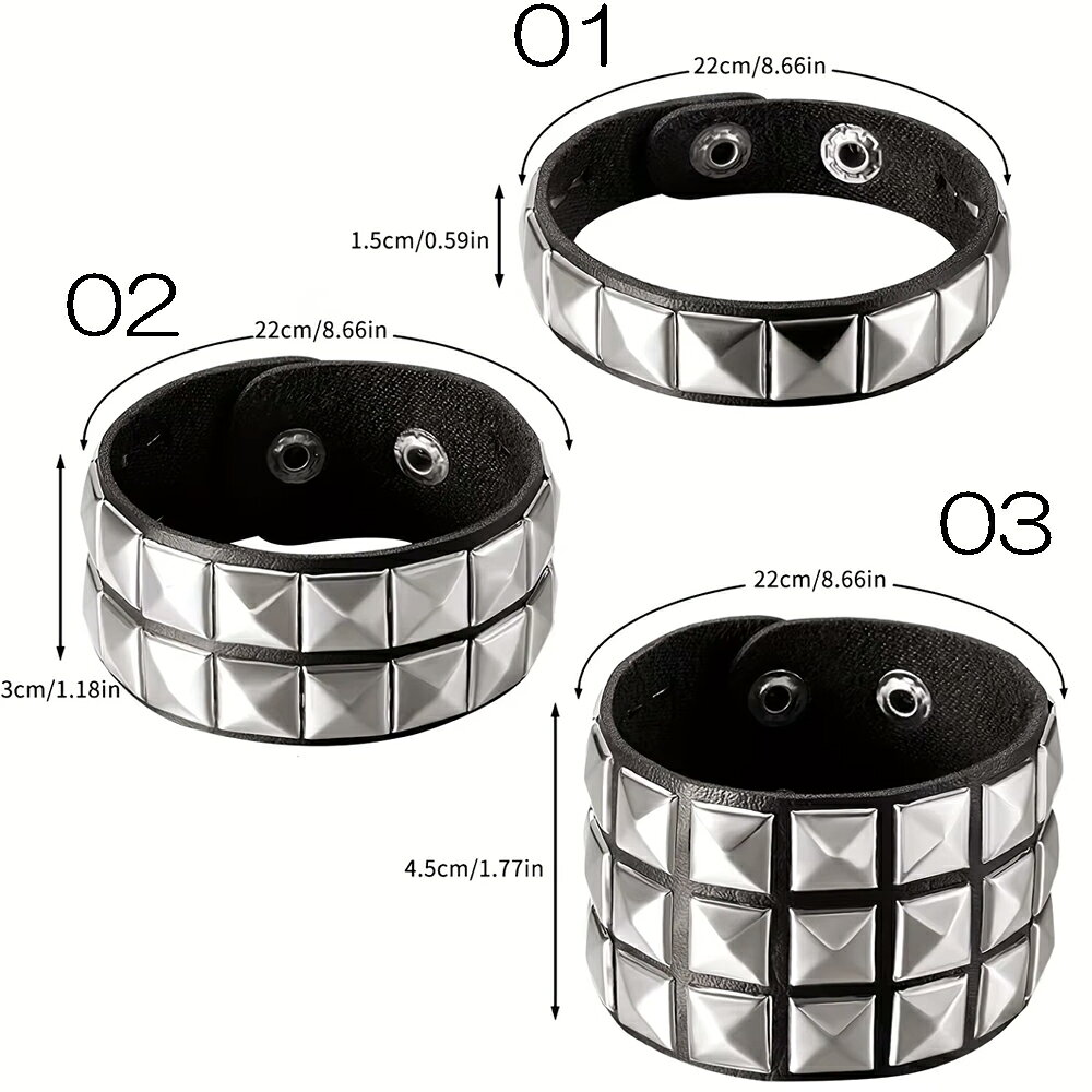 ピアス専門ショップGreen Piercingのシルバースタッズアームブラックレザーブレスレット 1個販売 1連 2連 3連 皮製 黒色 銀色 鋲 革製 パンク ロック メンズ レディース 腕輪 手首 バングル プレゼント ギフト 重ね付け 結婚式 パーティー おしゃれ 男性 女性 人気 かっこいい おしゃれ スーツ カジュアルにも｜アングル3