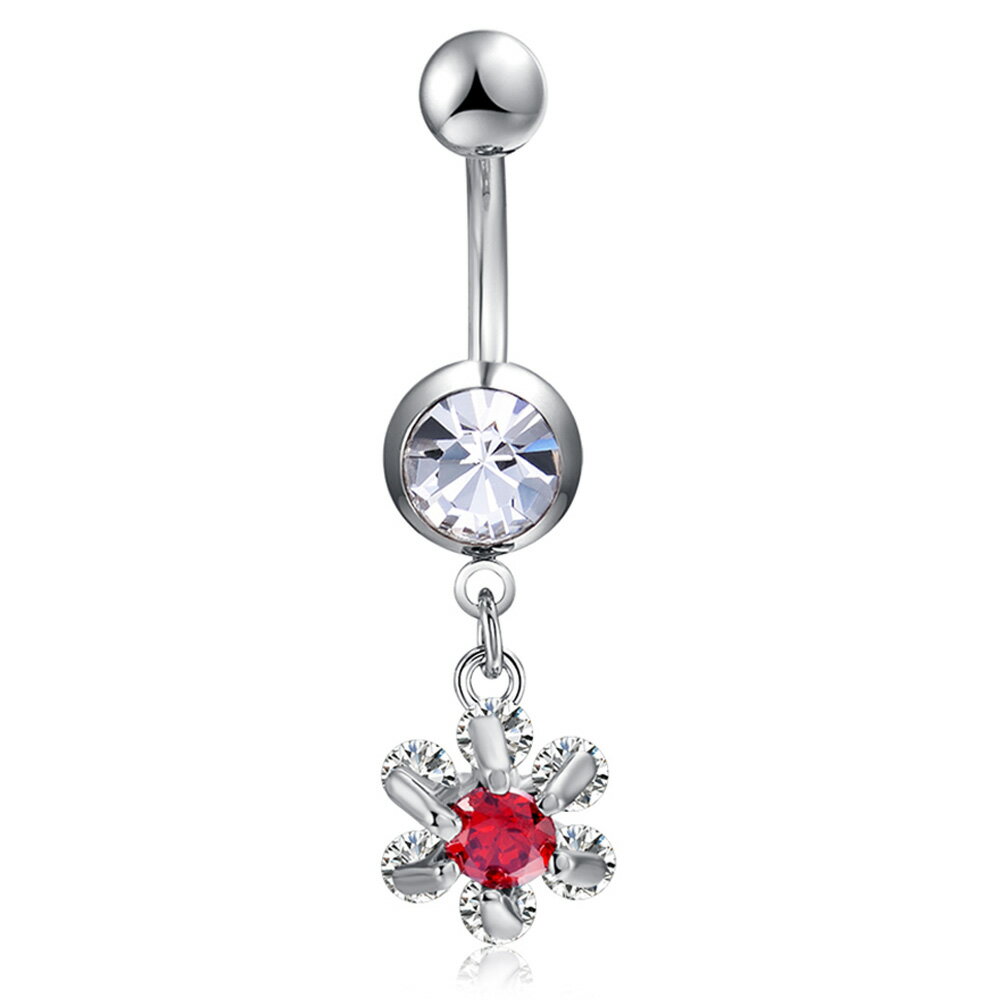 ジェニファーフラワーへそピアス 14G 14ゲージ チャーム 揺れる 花 レッド 赤色 ジルコニア クリスタル ラインストーン ヘソピアス 臍ピアス ボディピアス サージカルステンレス ボディーピアス メンズ レディース へそピ バナナバーベル 高級 大きい 大人 プレゼント