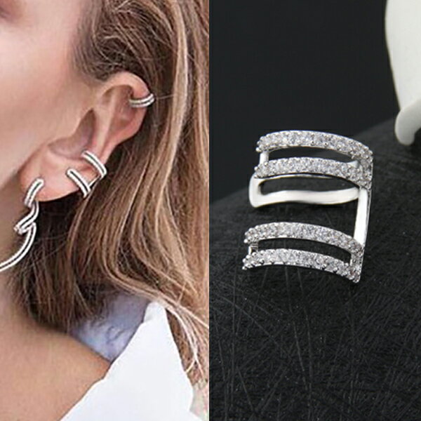 CZダブルラインパベイヤーカフ クリスタル 4連 2連 パヴェ パベ キュービックジルコニア 1個 イヤリング イヤークリップ フェイクピアス 耳 軟骨 レディ...