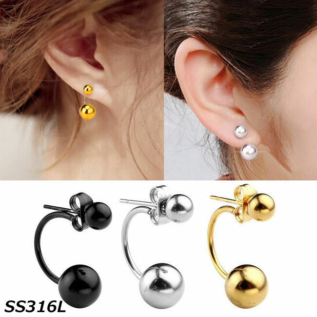 楽天ピアス専門ショップGreen Piercingシンプルダブルボール バックキャッチ ステンレスピアス 1個販売 シルバー ゴールド ブラック ボールピアス 玉 金色 黒色 プレーン レディース バックキャッチピアス 結婚式 卒業式 入学式 ジャケットピアス パーティー プレゼント ギフト ダブルフェイス　20G 20ゲージ