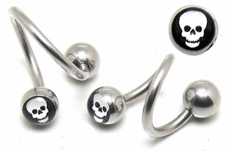 [ 14G スパイラルバーベル ] ピクチャースカル スパイラル ツイストバーベル 14ゲージ 14GA ボディピアス サージカルステンレス316L メンズ レディース スクリュー スクリュウ ネジボール へそ 耳 軟骨 クチ 口 臍 ヘリックス 回転 グルグル 巻くー 髑髏 ドクロ ガイコツ