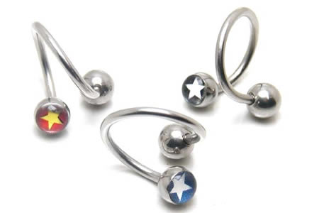 [ 14G スパイラルバーベル ] カラースター スパイラル ツイストバーベル 14ゲージ 14GA ボディピアス サージカルステンレス316L メンズ レディース スクリュー ネジボール へそ 耳 軟骨 クチ 口 臍 ヘリックス 巻く 星 レッド ブラック ブルー 赤色 黒色 黄色 青色 イエロー