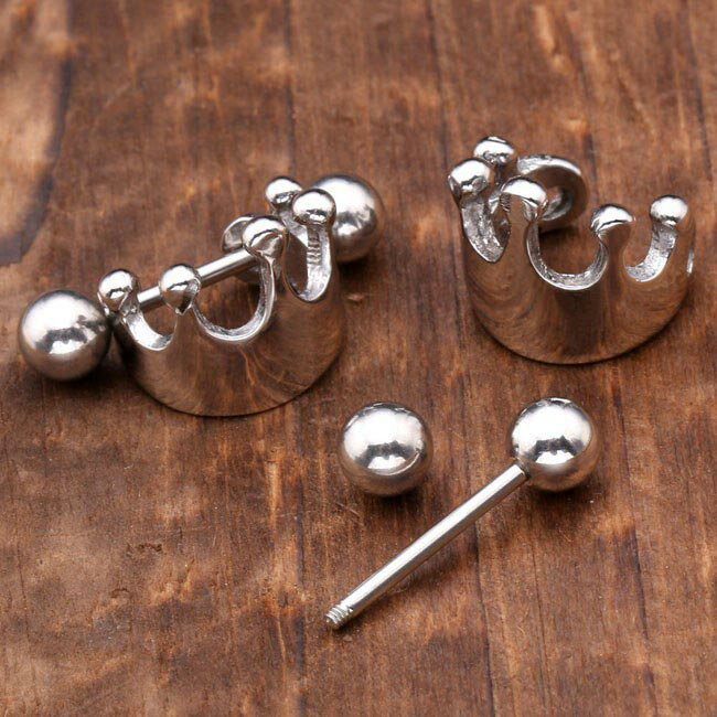 ティアラヘリックスシールド ストレートバーベル 16ゲージ 16G 16Ga 軟骨ピアス ヘリックス トラガス ボディピアス メンズ レディース サージカルステンレス316L 王冠 クラウン 立体 おもしろ 3D ニップル 乳首 シルバー 銀色 結婚式 パーティ 職場 盾 人気 プレゼント