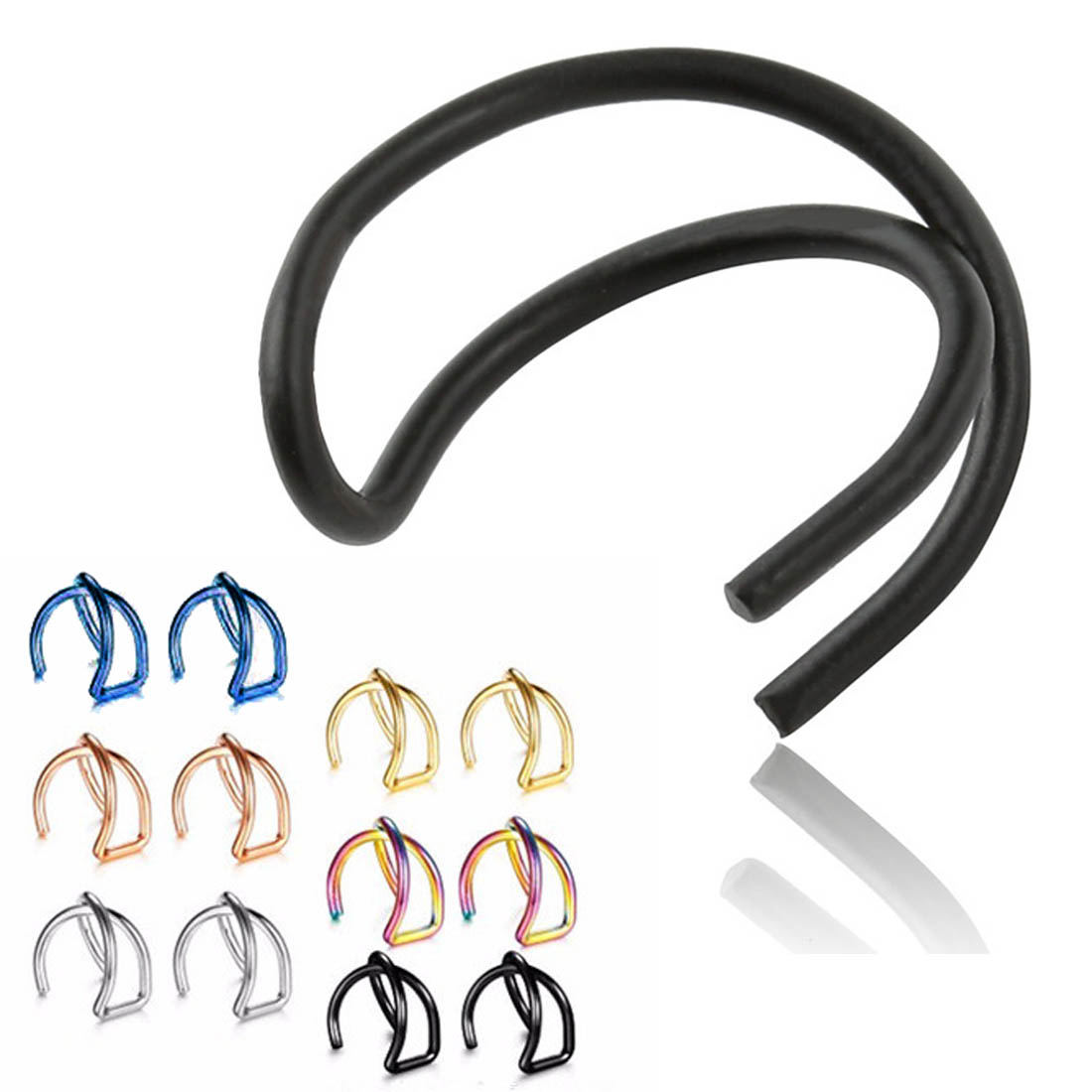 2連クロスステンレス イヤーカフ 1個販売 レインボー 虹色 シルバー 銀色 ゴールド 金色 ブラック 黒色 青色 ブルー ピンクゴールド ノンホールピアス イ...