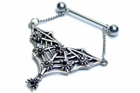 [ 14G ニップル ヘリックス ] スパイダーウェブチャーム ストレートバーベル チャーム 14ゲージ 軟骨 乳首 胸 耳 乳輪 ボディピアス メンズ レディース サージカルステンレス316L 揺れる 蜘蛛 くも 蜘蛛の巣 ラインストーン ボディーピアス 別売り16Gに変更可能