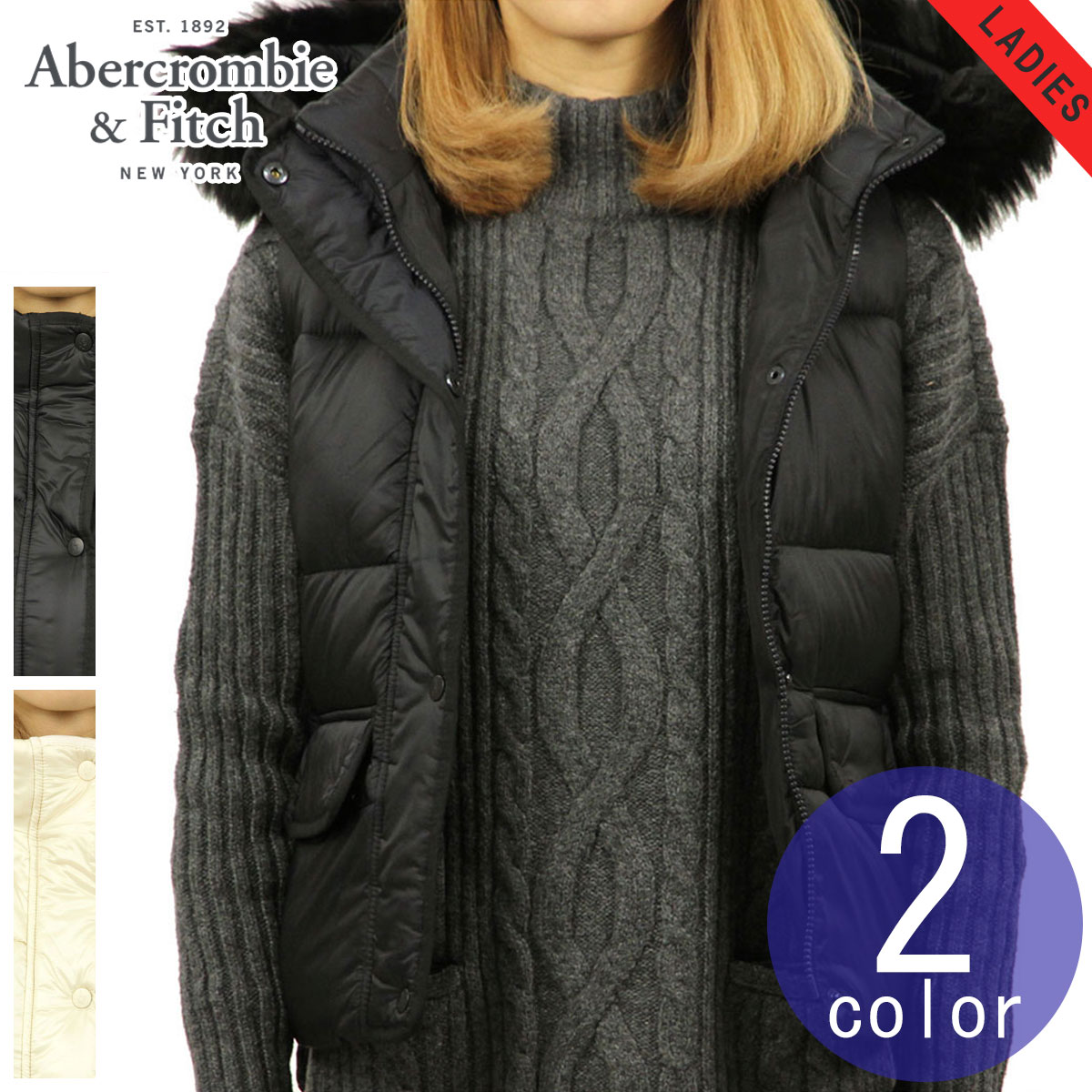 20%OFFクーポンセール  アバクロ Abercrombie＆Fitch 正規品 レディース ファーフード付きベスト HOODED PUFFER VEST 父の日 プレゼント ラッピング