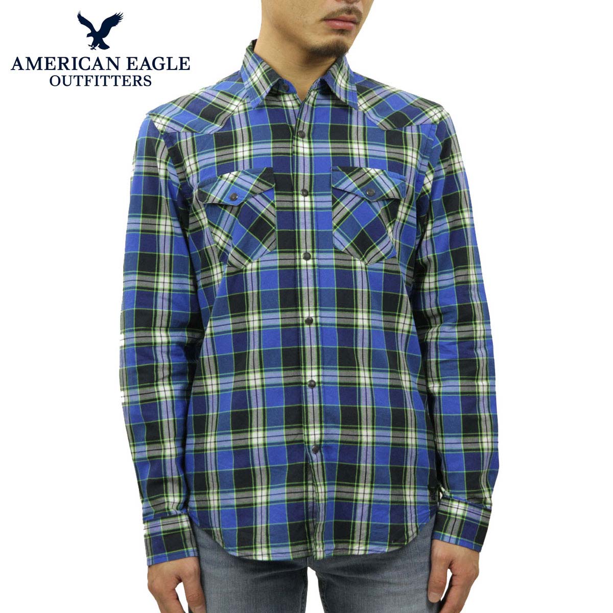 アメリカン・イーグル・アウトフィッターズ アメリカンイーグル AMERICAN EAGLE 正規品 メンズ ウエスタンシャツ AE Plaid Western Shirt 8151-8547 BLUE D20S30