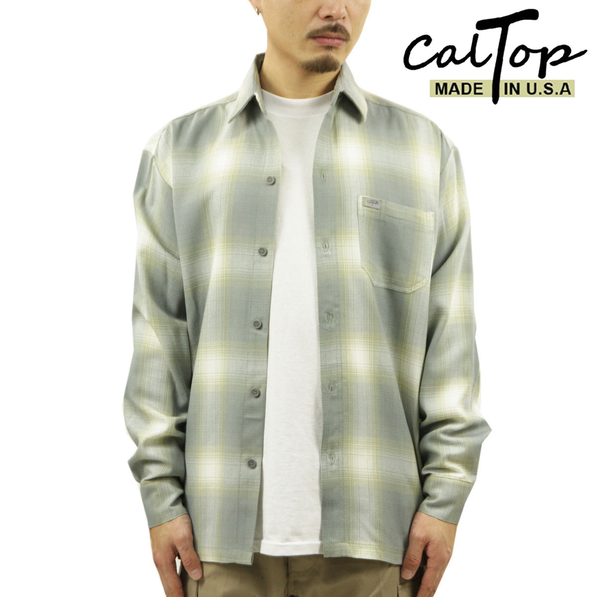 キャルトップ 長袖シャツ メンズ 正規品 CALTOP ACRYLIC OMBRE CHECK LONG SLEEVE SHIRTS 長袖 カルトップ チェックシャツ フレネルシャツ ネルシャツ オンブレ オールドスクール 2000LS NEW GREY