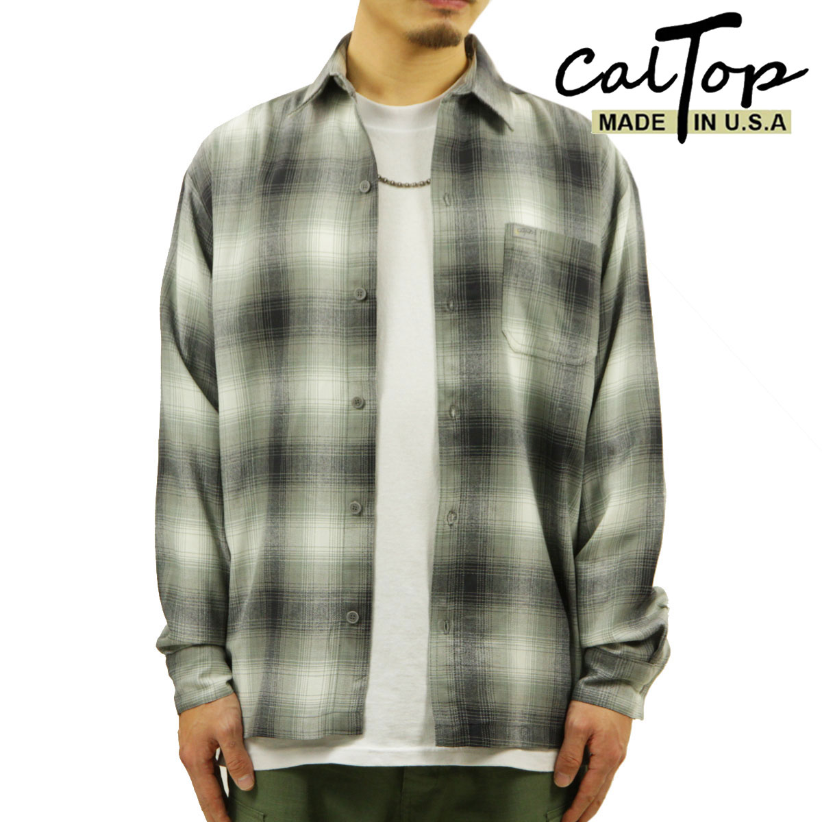 キャルトップ 長袖シャツ メンズ 正規品 CALTOP ACRYLIC OMBRE CHECK LONG SLEEVE SHIRTS 長袖 カルトップ チェックシャツ フレネルシャツ ネルシャツ オンブレ オールドスクール 2000LS GREY / WHITE