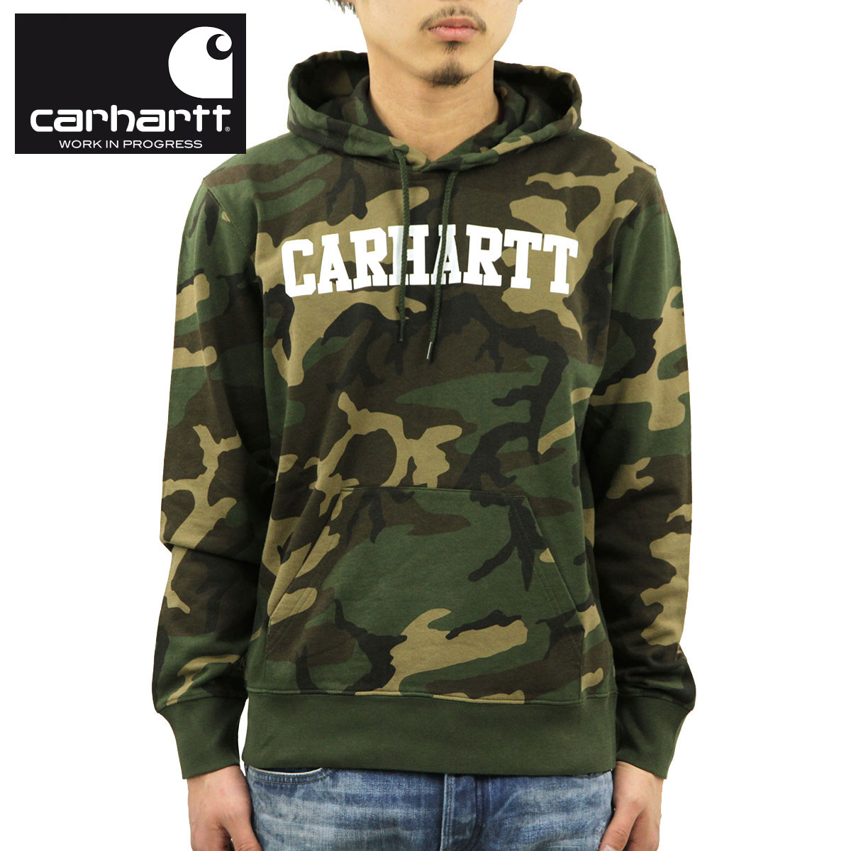 カーハート パーカー メンズ 正規販売店 CARHARTT WIP 無地 プルオーバーパーカー ワンポイントロゴ HOODED COLLEGE SWEATSHIRT CAMO LAUREL/WHITE I024669 640