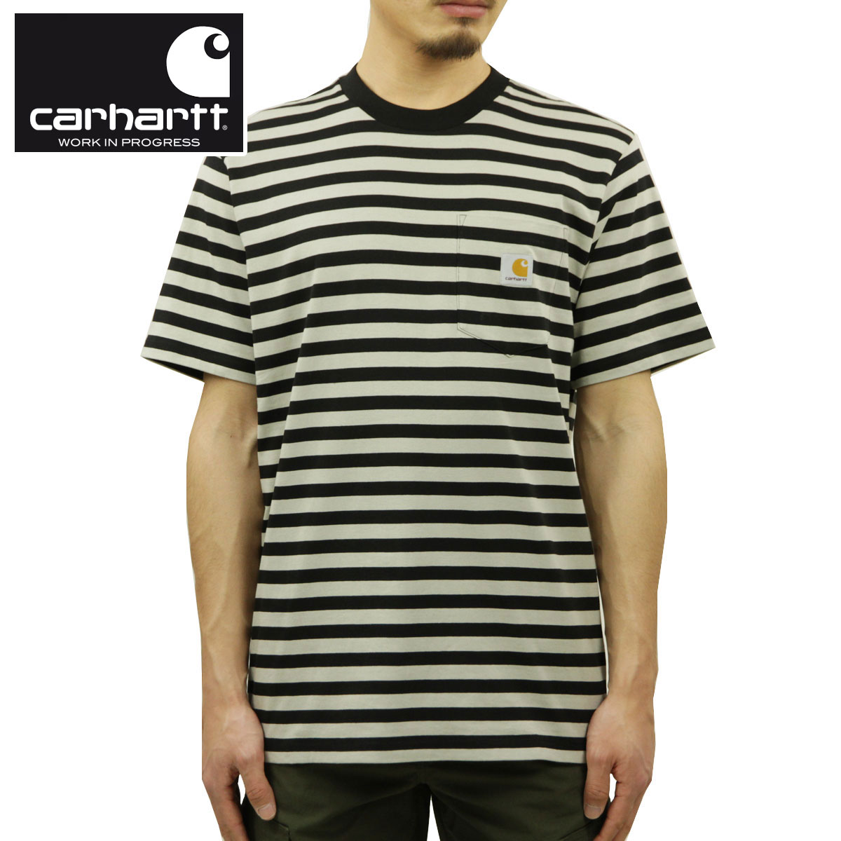 カーハート Tシャツ メンズ カーハート ポケT メンズ 正規品 CARHARTT WIP 半袖Tシャツ ポケットTシャツ ボーダー柄 S/S SCOTTY POCKET T-SHIRT SCOTTY STRIPE, BLACK / HAMMER I027732 0K1