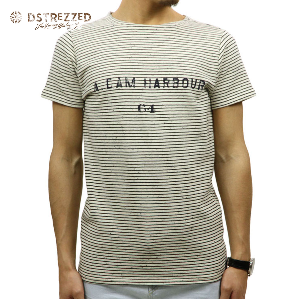 ディストレス Tシャツ 正規販売店 DSTREZZED 半袖Tシャツ NAPS ROUND NECK STRIPE TEE OFFWHITE 211088 2 D00S15 父の日 プレゼント ラッピング