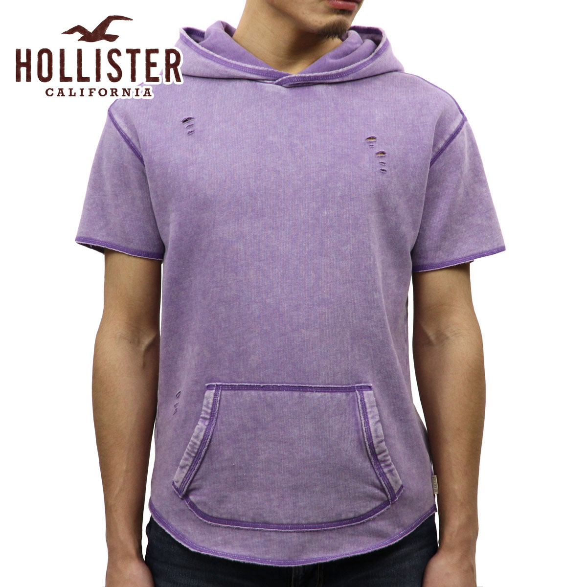 ホリスター HOLLISTER 正規品 メンズ 半袖フリースプルオーバーパーカー Short-Sleeve Ripped Hoodie 322-221-0711-630