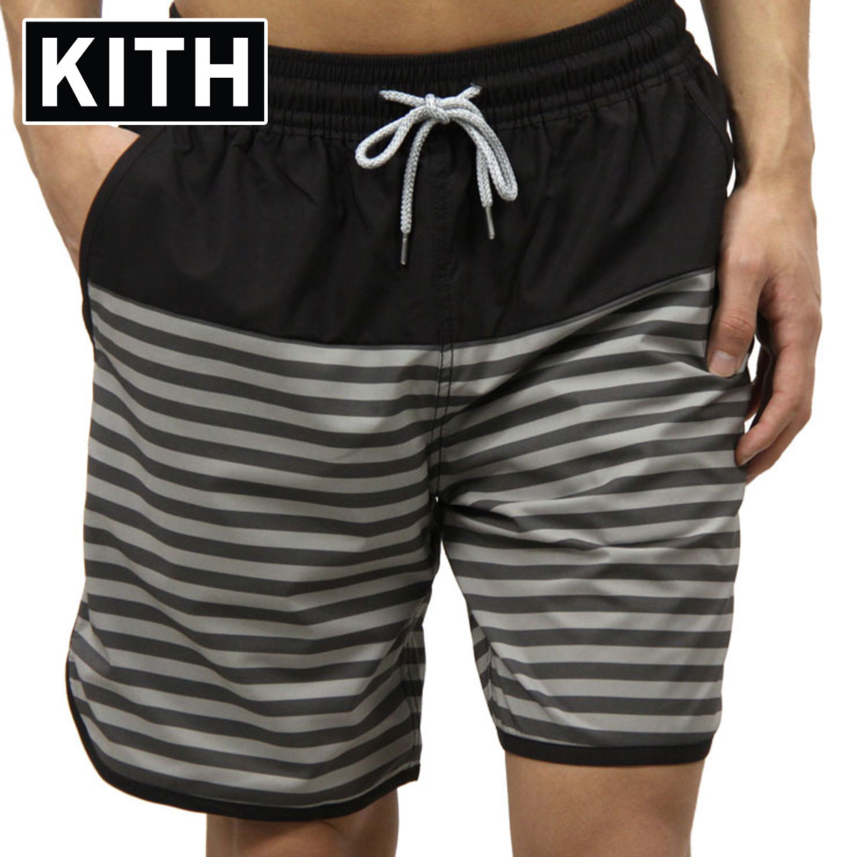 キス 水着 メンズ 正規品 KITH スイムパンツ KITH ROCKAWAY SHORT KH7002-100 BLACK / WHITE