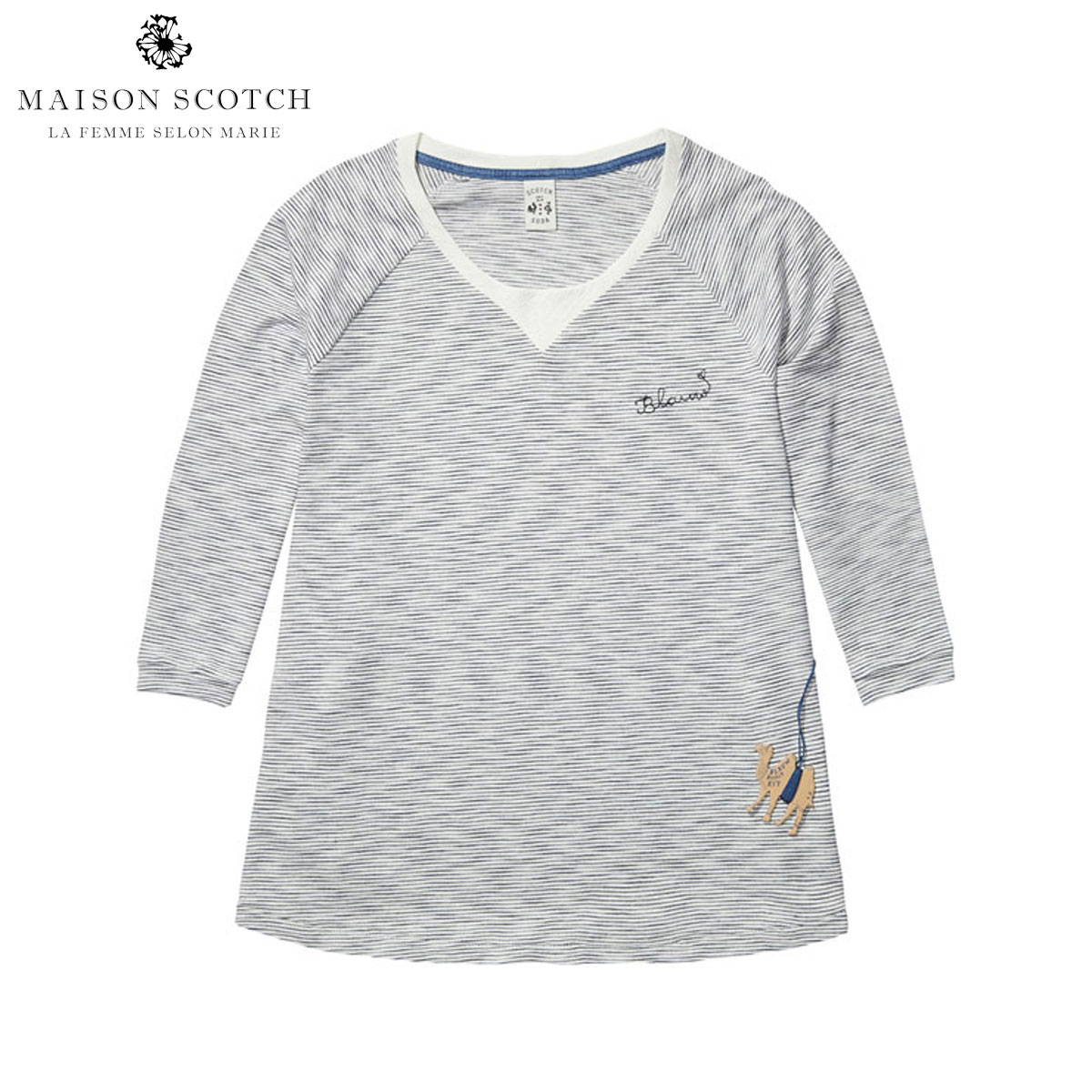 20%OFFクーポンセール  メゾンスコッチ MAISON SCOTCH 正規販売店 レディース 七分袖Tシャツ Striped indigo Tee in A-line fit. 100221 B D00S20