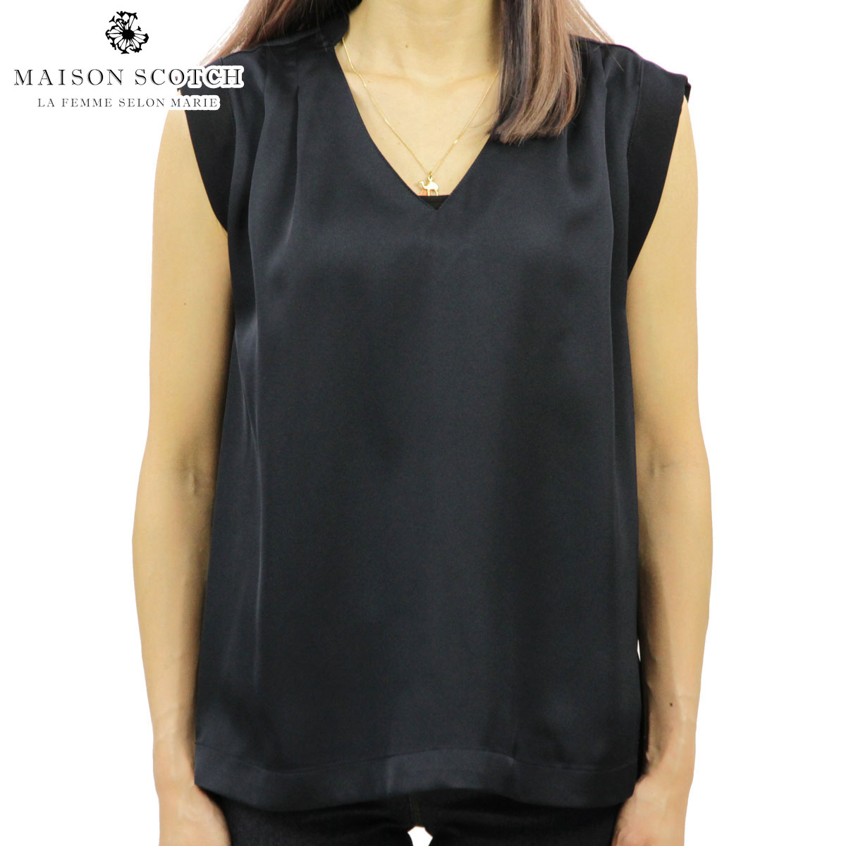  メゾンスコッチ MAISON SCOTCH 正規販売店 レディース 無地 タンクトップ SLEEVELESS SILKY FEEL TOP WITH PLEAT DETAIL AT THE SHOULDER 143449 04 52814 NAVY 父の日 プレゼント ラッピング