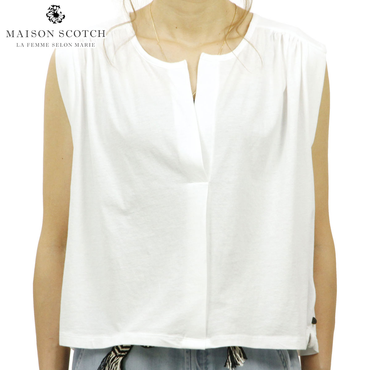 メゾンスコッチ MAISON SCOTCH 正規販売店 レディース 無地 タンクトップ MIXED FABRIC BOXY V-NECK TOP 143740 06 54426 WHITE 父の日 プレゼント ラッピング