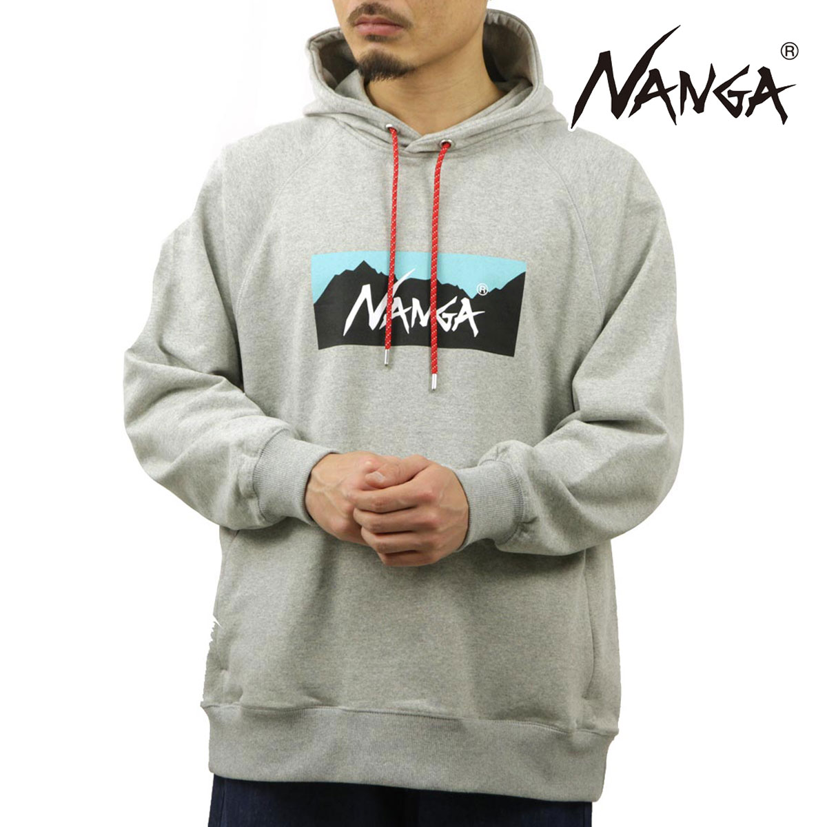 ナンガ メンズ パーカー 正規販売店 NANGA ロゴ プルオーバー フーディー ECO HYBRID BOX LOGO SWEAT HOODIE L.GRY×TRQ NW2311-1F202 LIGHT GREY × TURQUOISE