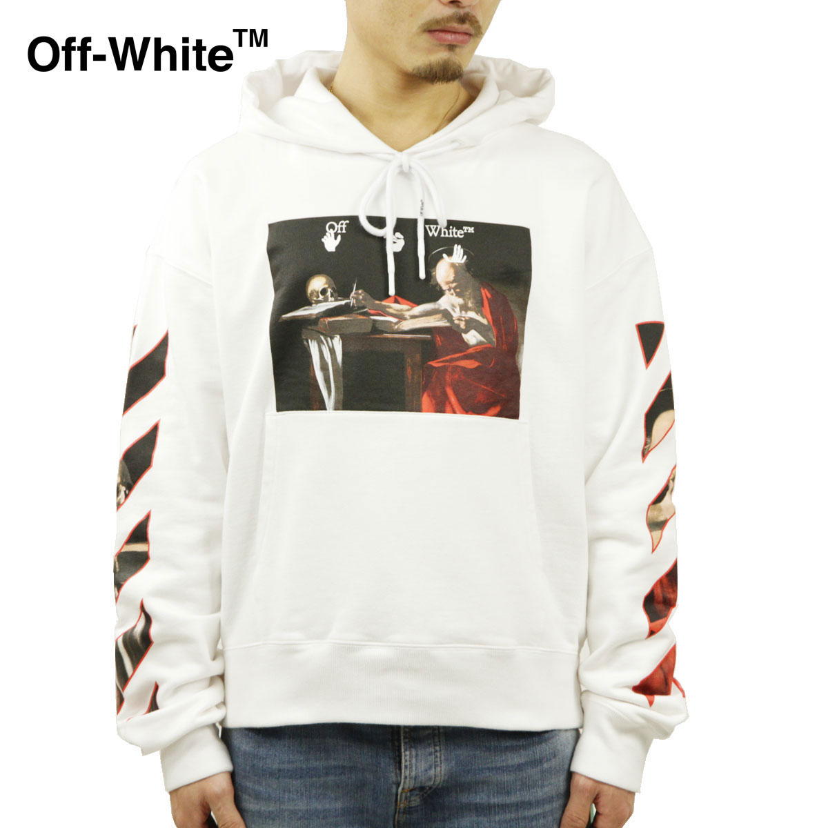  オフホワイト パーカー メンズ 正規品 OFF-WHITE プルオーバーパーカー カラバッジョ バックプリント CARAVAGGIO OVER PULLOVER HOODIE WHITE RED 0125 OMBB037R21FLE0020125 父の日 プレゼント ラッピング