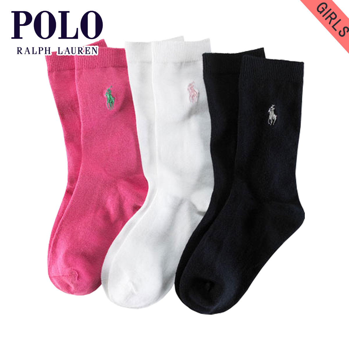 ポロ ラルフローレン キッズ ソックス ガールズ 子供服 正規品 POLO RALPH LAUREN CHILDREN 靴下 FLAT-KNIT CREW SOCK 3-PACK 15197496