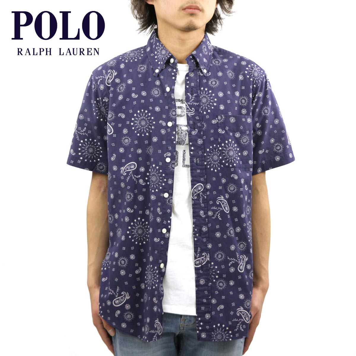 ポロ ラルフローレン シャツ メンズ 正規品 POLO RALPH LAUREN 半袖シャツ ボタンダウンシャツ Custom-Fit Bandanna Shirt NAVY D20S30