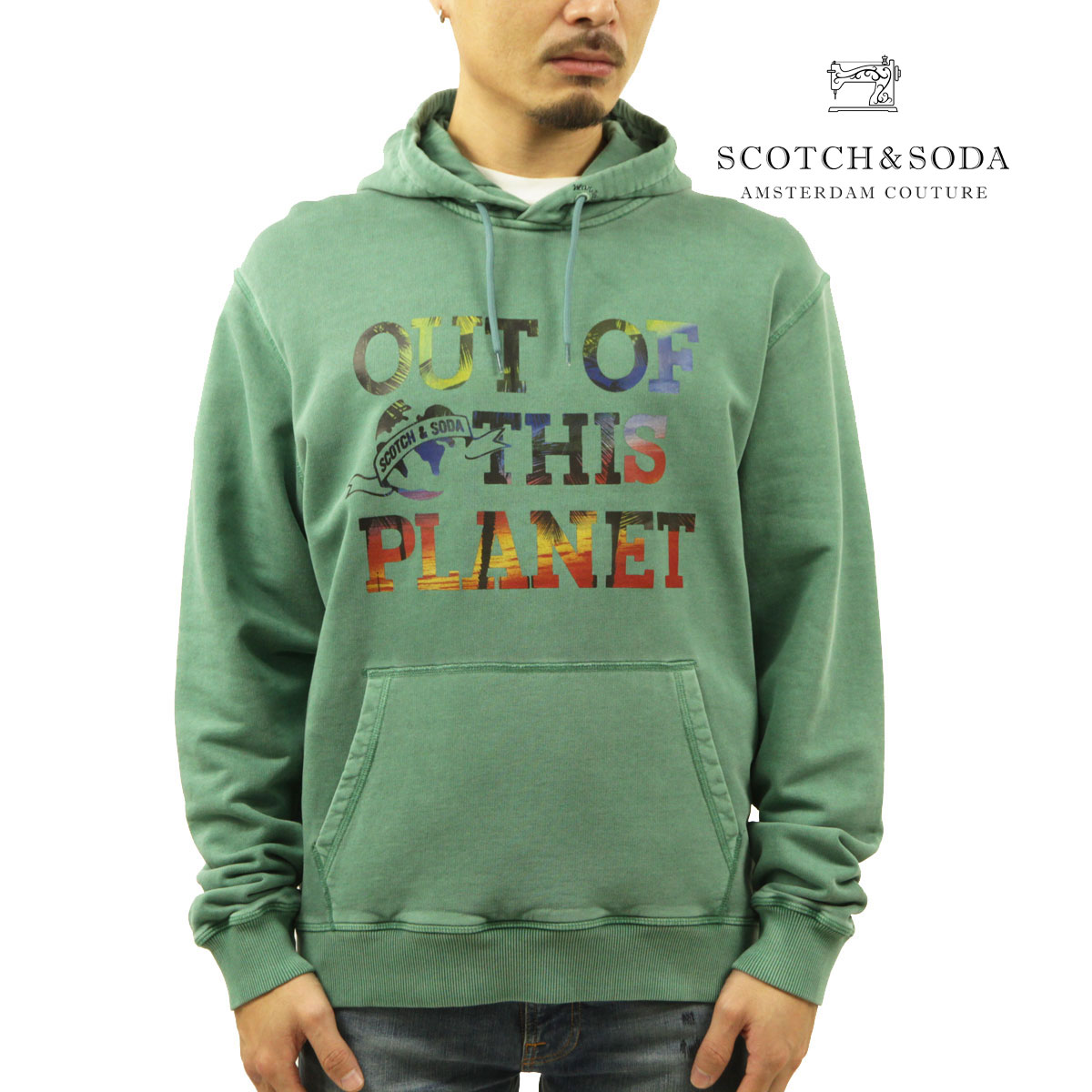 スコッチアンドソーダ パーカー メンズ 正規販売店 SCOTCH&SODA プリント プルオーバーパーカー スウェットパーカー GARMENT-DYED GRAPHIC HOODIE PREPPY GREEN D 167221 4859 63812 54