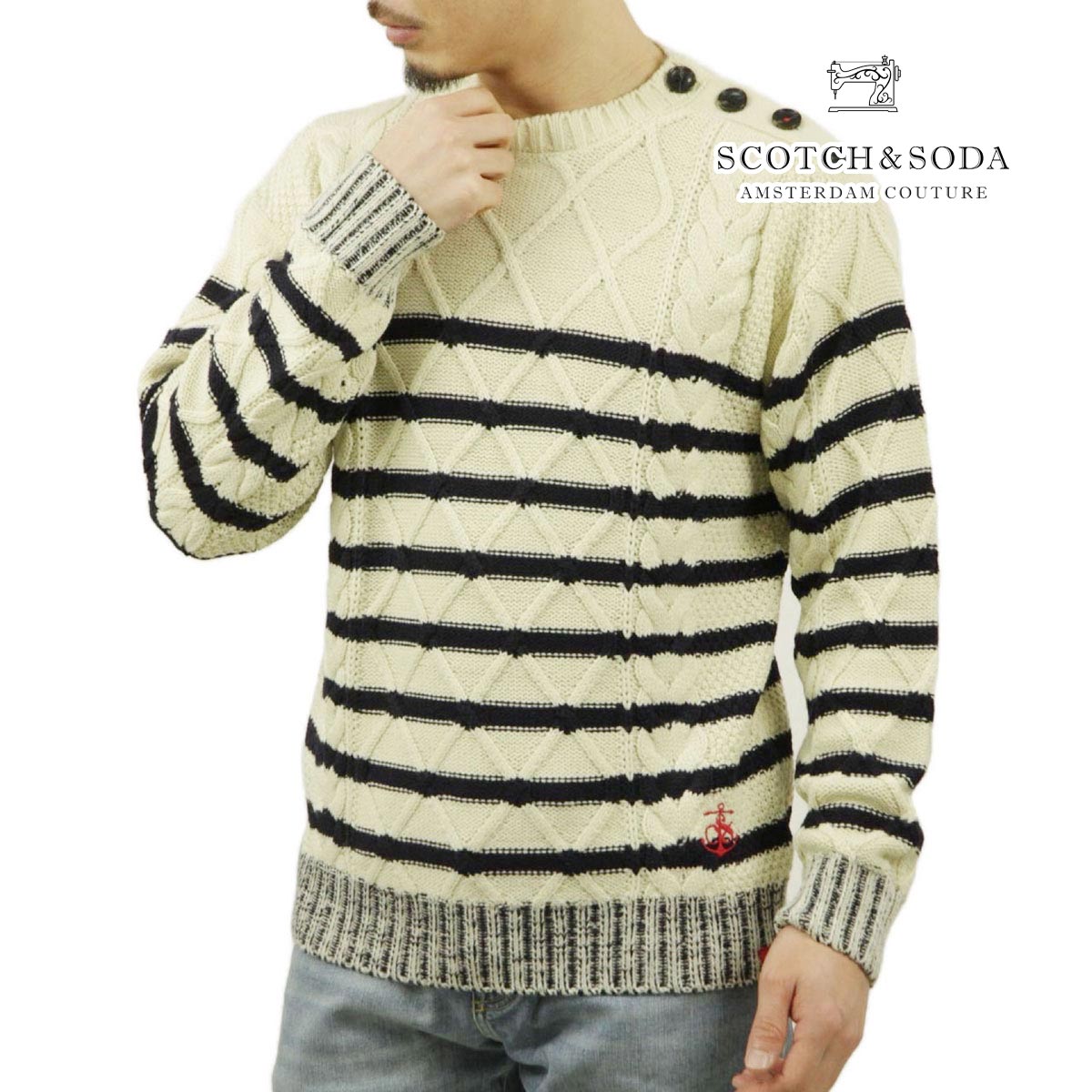 スコッチアンドソーダ メンズ セーター 正規販売店 SCOTCH＆SODA ドロップショルダー プルオーバー ニット M DROPPED SHOULDER FIT WOOL BLEND STRUCTURE SWEATER 174604 5473 85409 09 BLUE WHITE STRIPE 父の日 プレゼント ラッピング