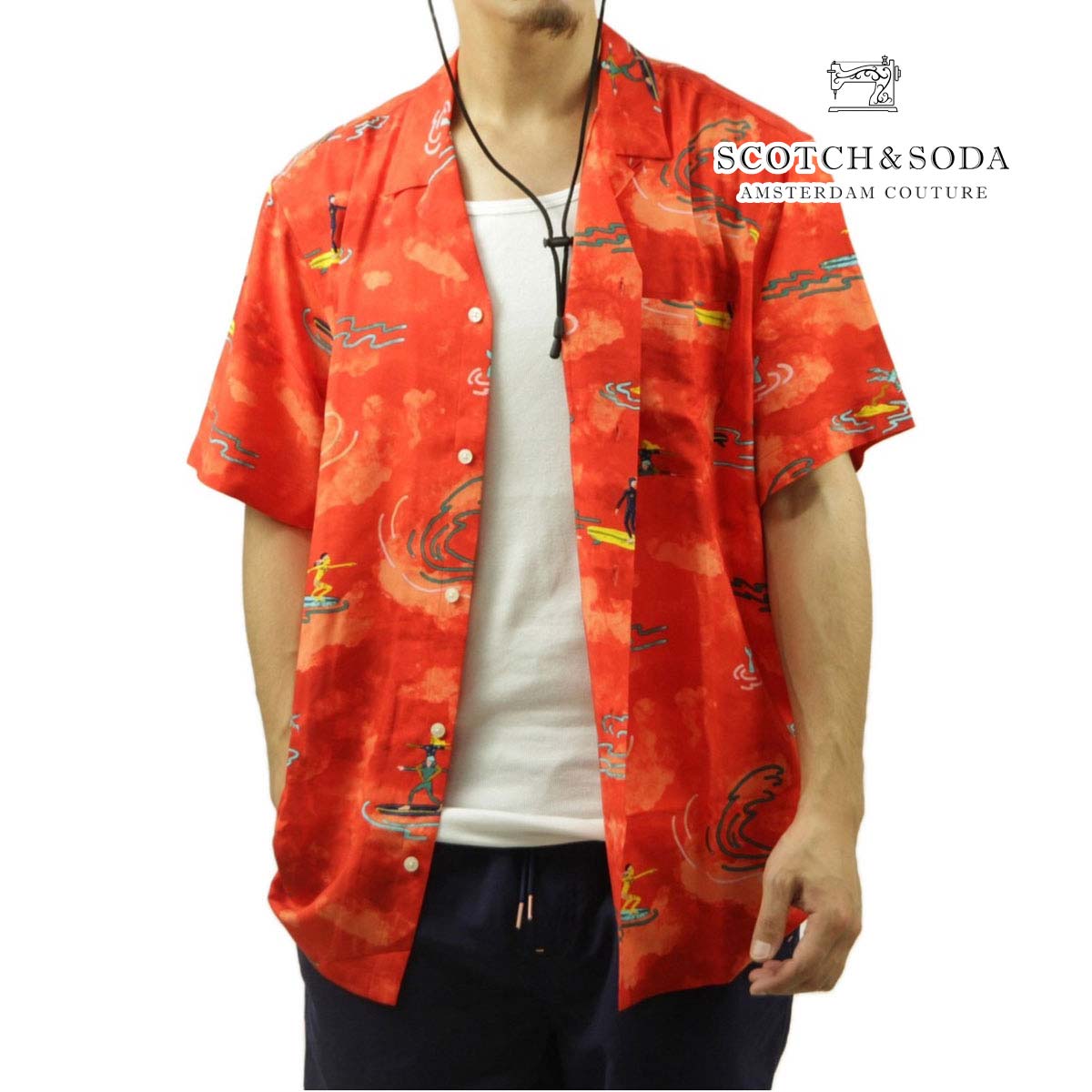 åɥ  Ⱦµ Ź SCOTCHSODA ܥ ӥ ϥ ALLOVER PRINTED VISCOSE SHORT SLEEVE SHIRT 177054 6115 12407 19 RED SURFER AOP