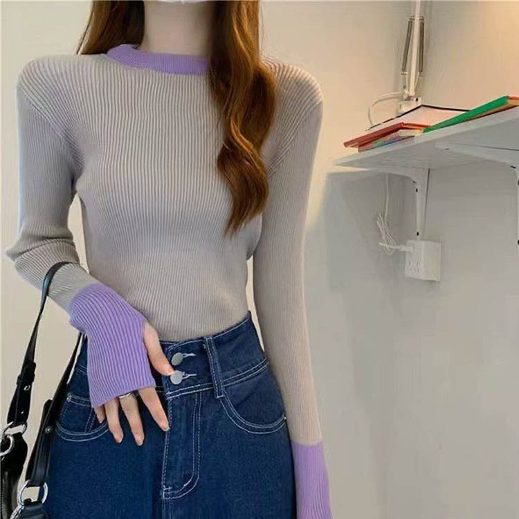 指穴 配色 リブニット ニット セーター レディース トップス 長袖 配色ニット バイカラー 指穴あき フィンガーホール プルオーバー インナーニット レディース 秋 冬 レイヤードニット 無地 おしゃれ シンプル カジュアル 防寒 秋冬 韓国ファッション