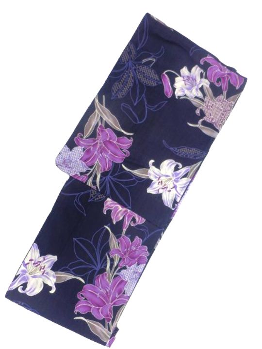 京都で一番浴衣を販売する小売屋さんお薦め【あす楽対応】仕立て上がり浴衣 浴衣 プレタ 対応身長 155cm-168cm 変わり織り 濃紺地 紫 ユリ 柄 No.2565のサムネイル