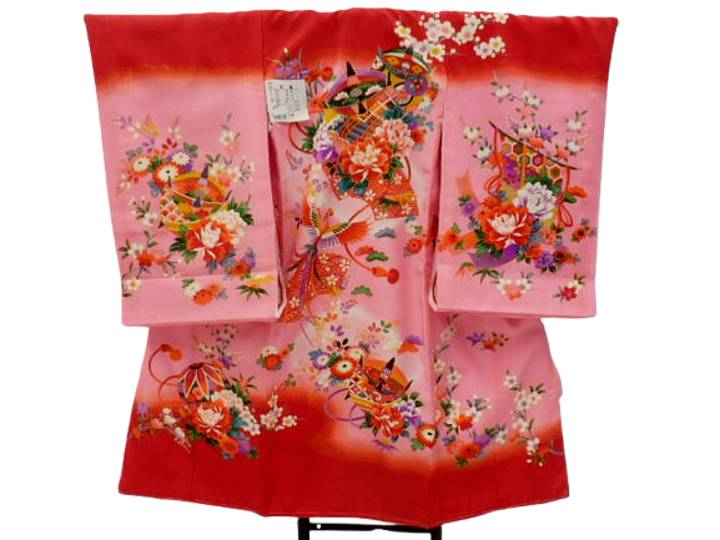 お宮参り 初着 女の子 産着 着物 一つ身 お祝い着 赤ちゃん 正絹 赤 ピンク地 糸巻 牡丹 柄No.1