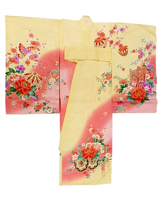 お宮参り 初着 女の子 産着 着物 一つ身 お祝い着 赤ちゃん 正絹 クリーム地 御所車 牡丹 柄No.2