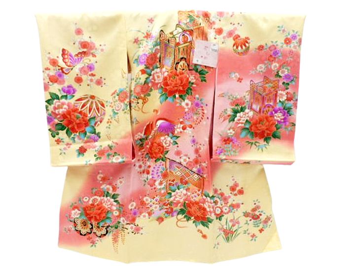 お宮参り 初着 女の子 産着 着物 一つ身 お祝い着 赤ちゃん 正絹 クリーム地 御所車 牡丹 柄No.2